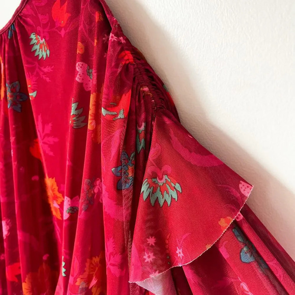 Free People Wildflower Honey Floral Flounce Top XS Red Berry Sheer Mesh - Picture 3 of 11